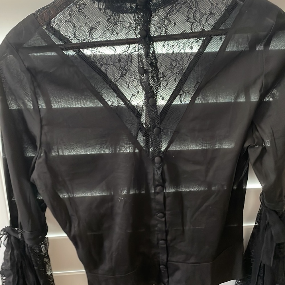 alice+olivia black long sleeve Renaissance lace sleeve blouse - Picture 7 of 7